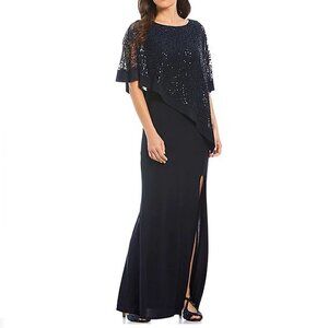 R & M Richards Sequin Lace Poncho Overlay Boat Neck Short Sleeve Slit Navy Blue